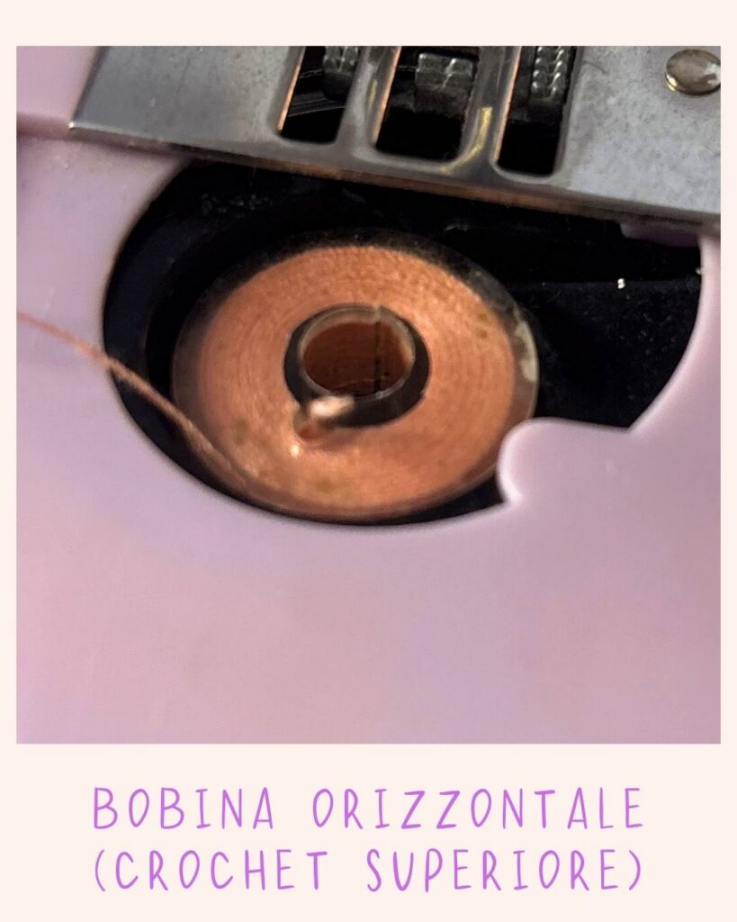 Vista ravvicinata della bobina orizzontale inserita nel crochet superiore di una macchina da cucire rosa