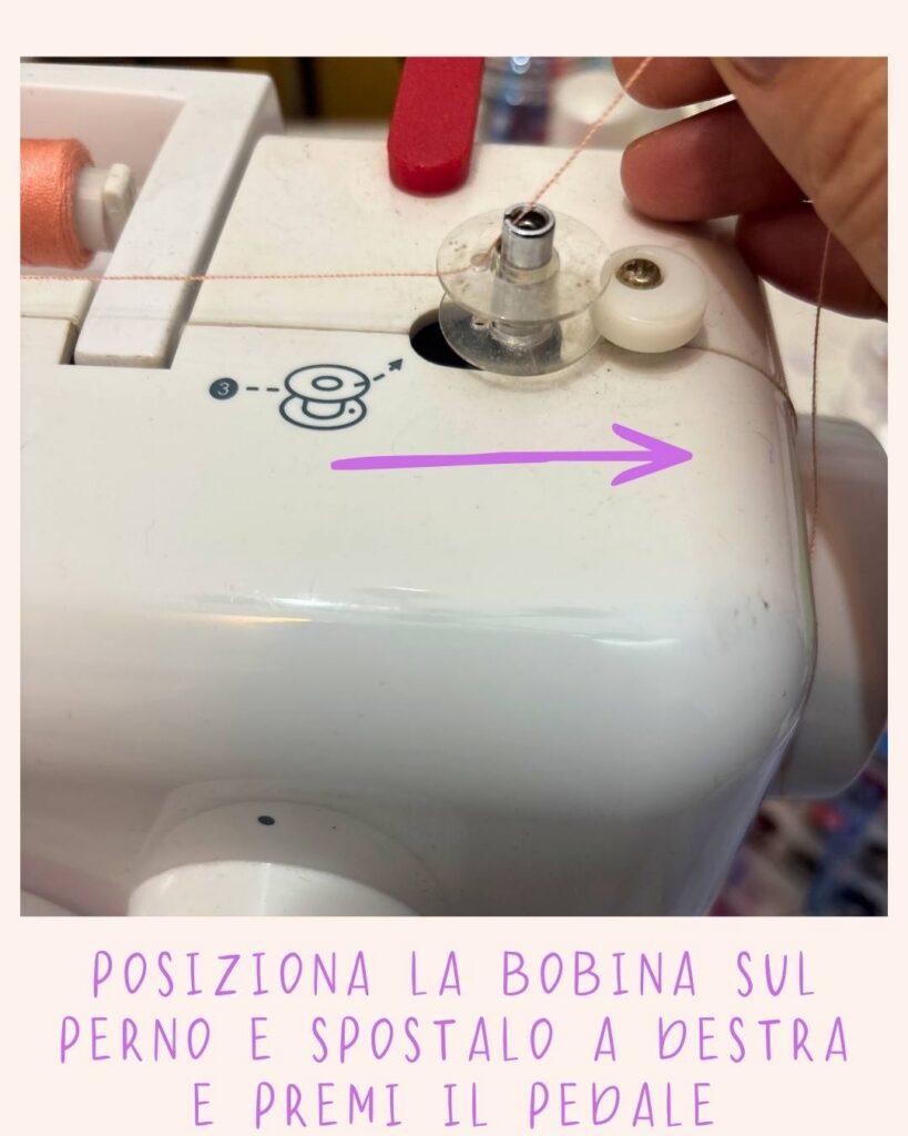 Bobina trasparente posizionata sul perno di avvolgimento con freccia rosa che indica la direzione