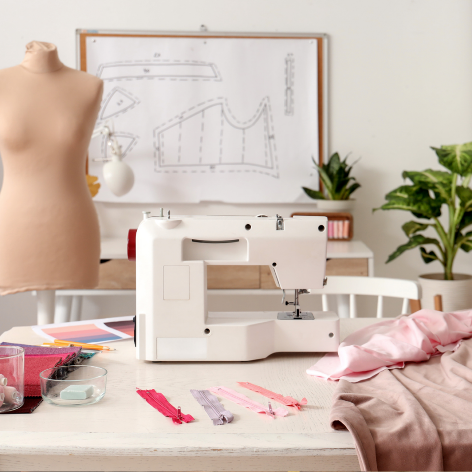 Sartoria con manichino e macchina da cucire